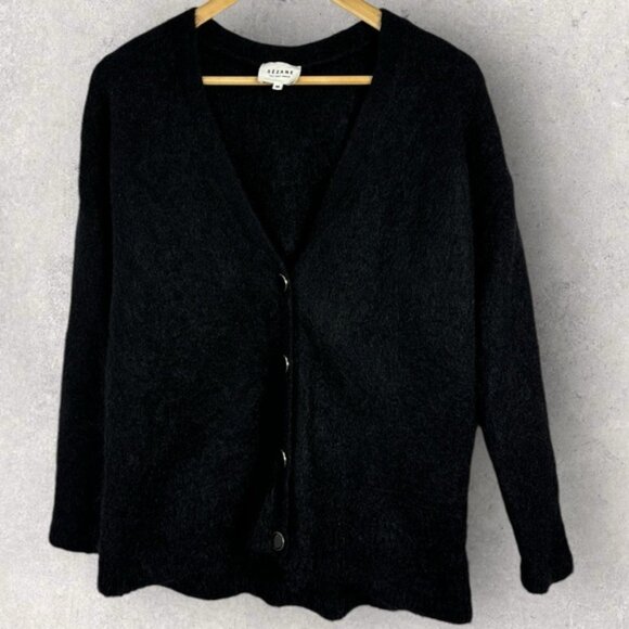 Sezane Black Charles Cardigan Knit Sweater Size Large Mohair V-Neck Merino Wool - Picture 13 of 14
